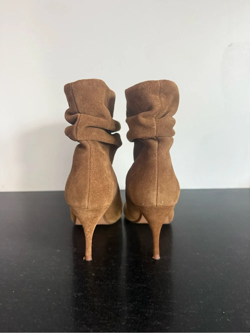 $169 Brian Atwood x Express Suede Slouch Thin Heeled Boots – Cognac Size 6